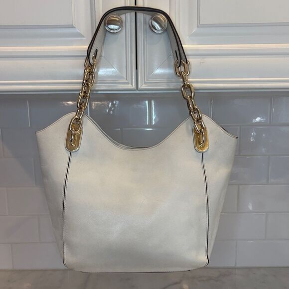 Michael Kors Bag Purse Handbag Lily Saffiano Leather Gold Chain Tote Shoulder - Picture 4 of 16